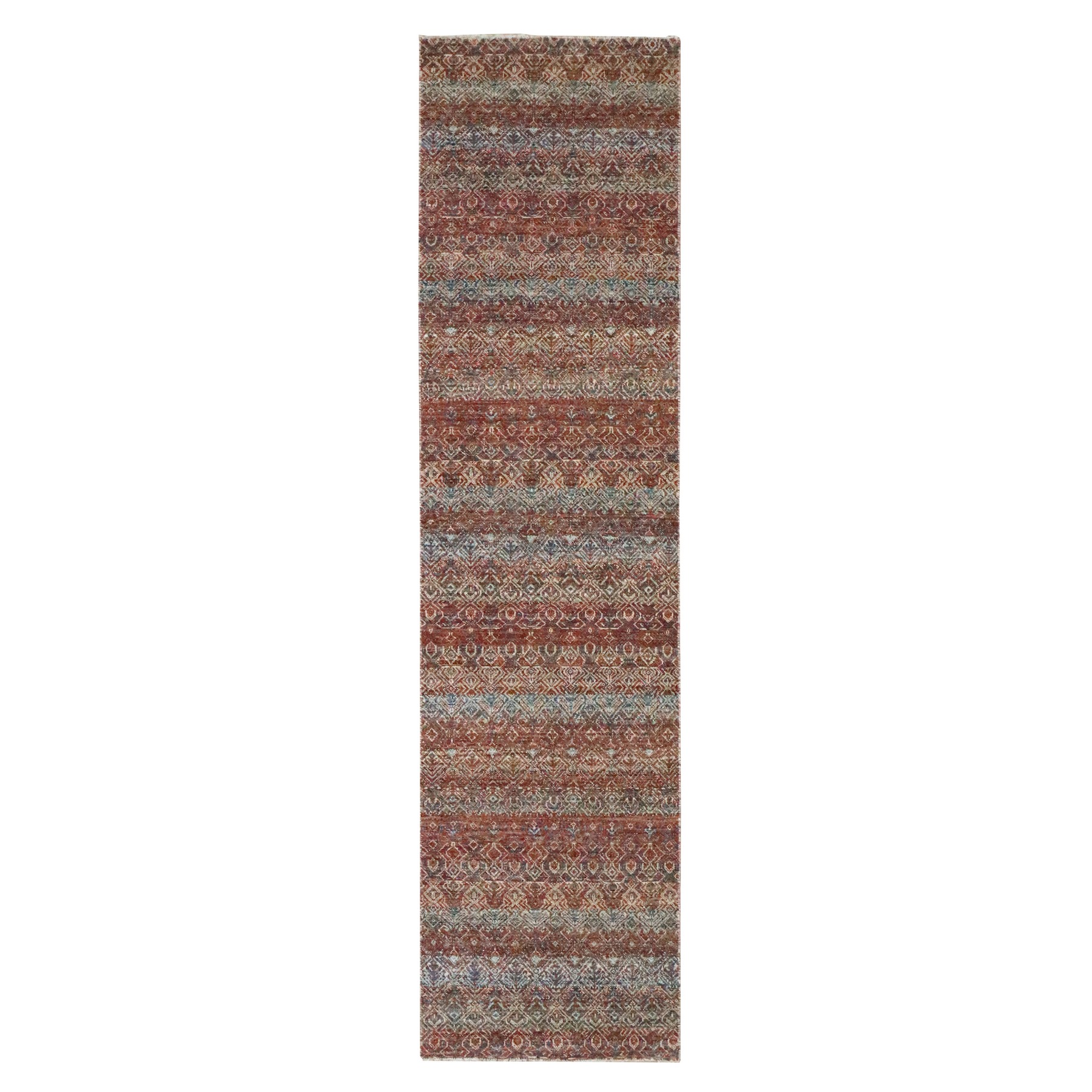 2'6"x10'2" Chili Red, Kohinoor Herat with Small Geometric Repetitive Diamond Pattern, Tone on Tone, Soft and Shiny Wool, Hand Knotted, Runner, Oriental Rug 